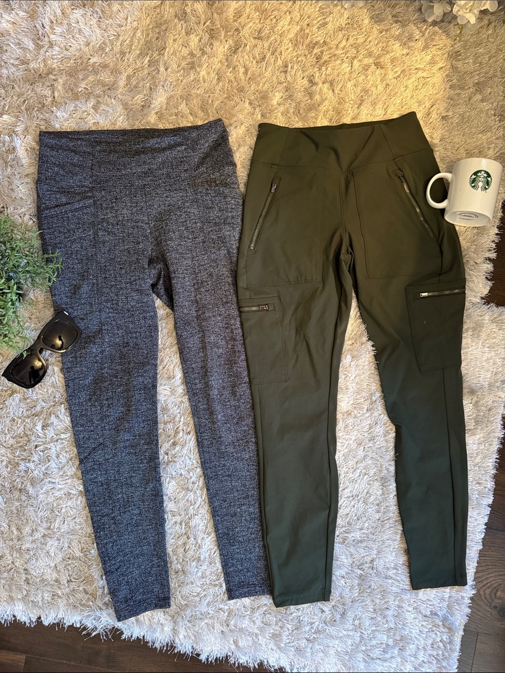 EUC (2) Pair of Athleta Leggings in Heather Gray & Olive SP and 2P